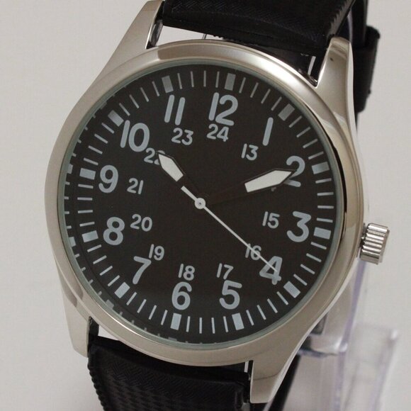 Men's Quartz Field Watch Silver Case Black Tropical Strap 42mm - Picture 9 of 12